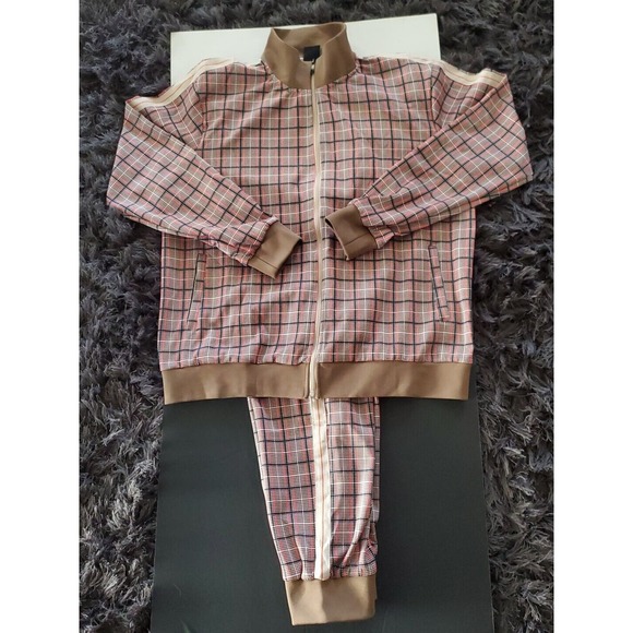 Jian Wang 2XL Men's Retro Plaid Striped Zip Up Pockets Jogger Style Track Suit - Picture 2 of 16